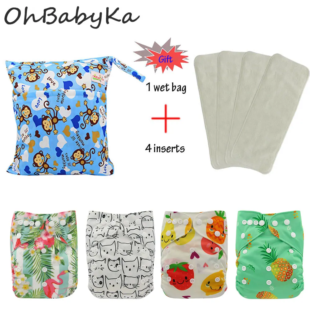 02 OhBabyKa 8 упаковок многоразовые подгузники для младенцев с героями мультфильмов, подарочные моющиеся детские карманные тканевые подгузники+ 3 слоя микрофибры вставки - Цвет: 02