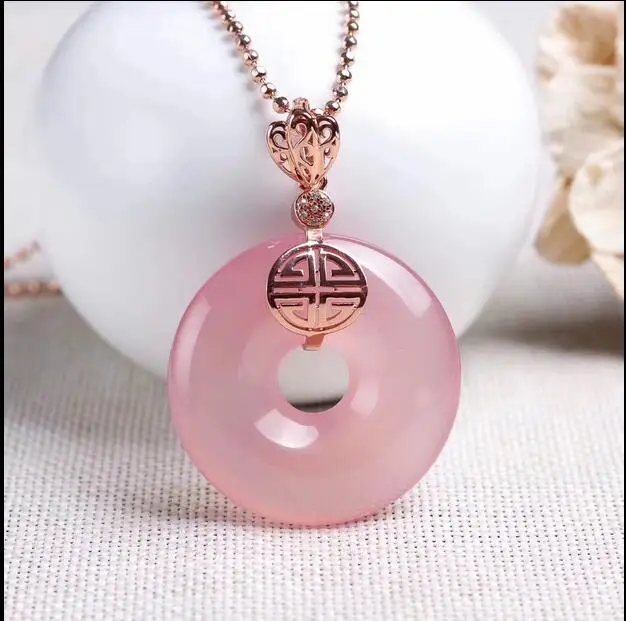 

925 silver inlaid natural pink chalcedony sweater chain, the jade face is clean and translucent hot sell