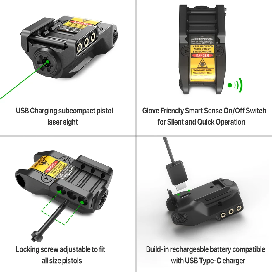 Laserspeed Smart-Touch зеленый лазерный прицел Встроенный перезаряжаемый аккумулятор Subcompact зеленый лазер Fit страйкбол Глок перил пистолет
