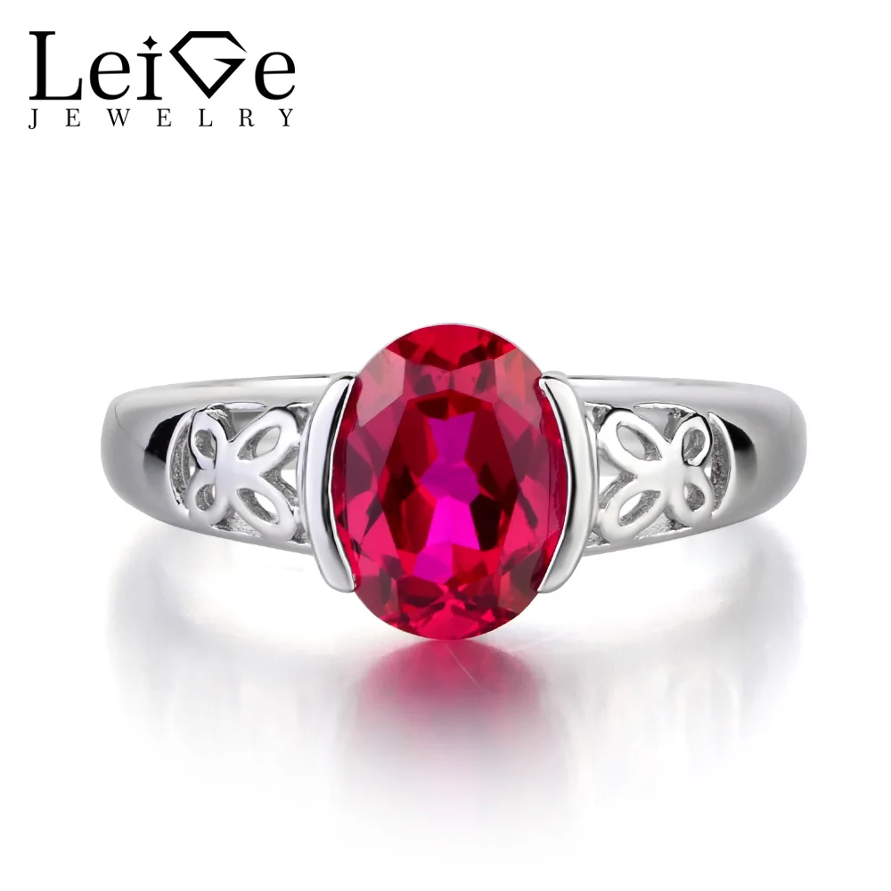 

Leige Jewelry 925 Sterling Silver Ring Lab Ruby Red Gemstone July Birthstone Oval Cut Promise Engagement Romantic Rings for Her