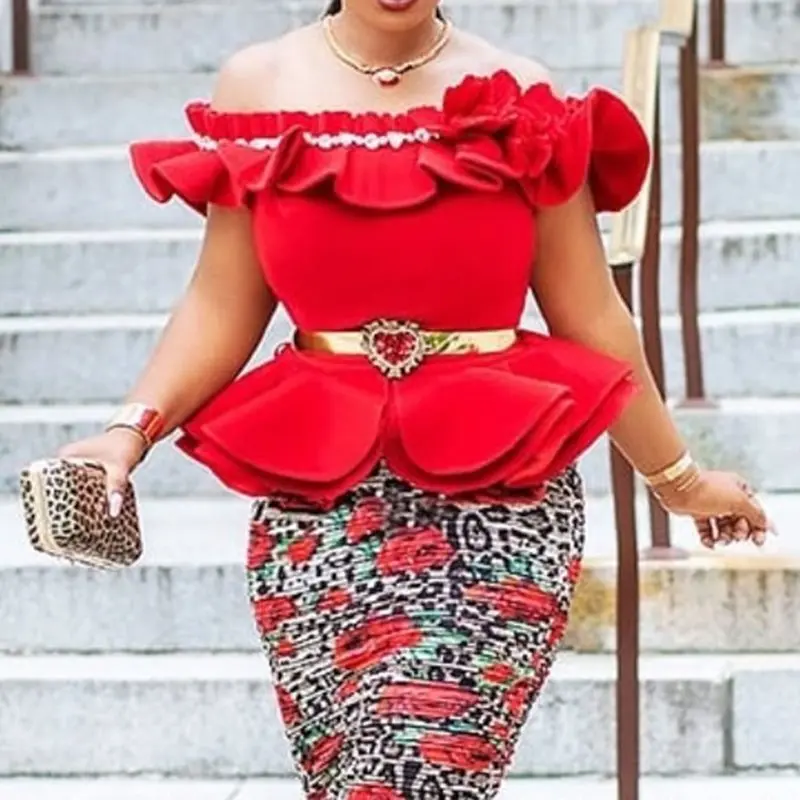 Summer Elegant Sexy Club Plus Size Sweet Blouse Women Slim Off Shoulder Plain Falbala Chic Vintage African Fashion Tops Shirts |