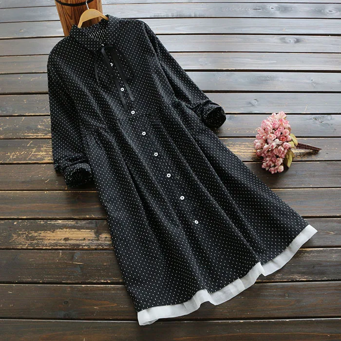 black 5103 осеннее женское платье в японском стиле mori girl, художественное платье в горошек с кулиской и отложным воротником, хлопковое льняное платье миди с длинным рукавом - Цвет: black