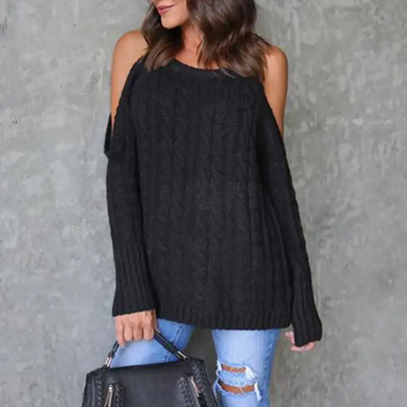 Open Shoulder Knitted Long Sleeve Women Pullovers Loose Twist Sweaters Casual Autumn Winter casacas para mujer christmas sweater | Женская