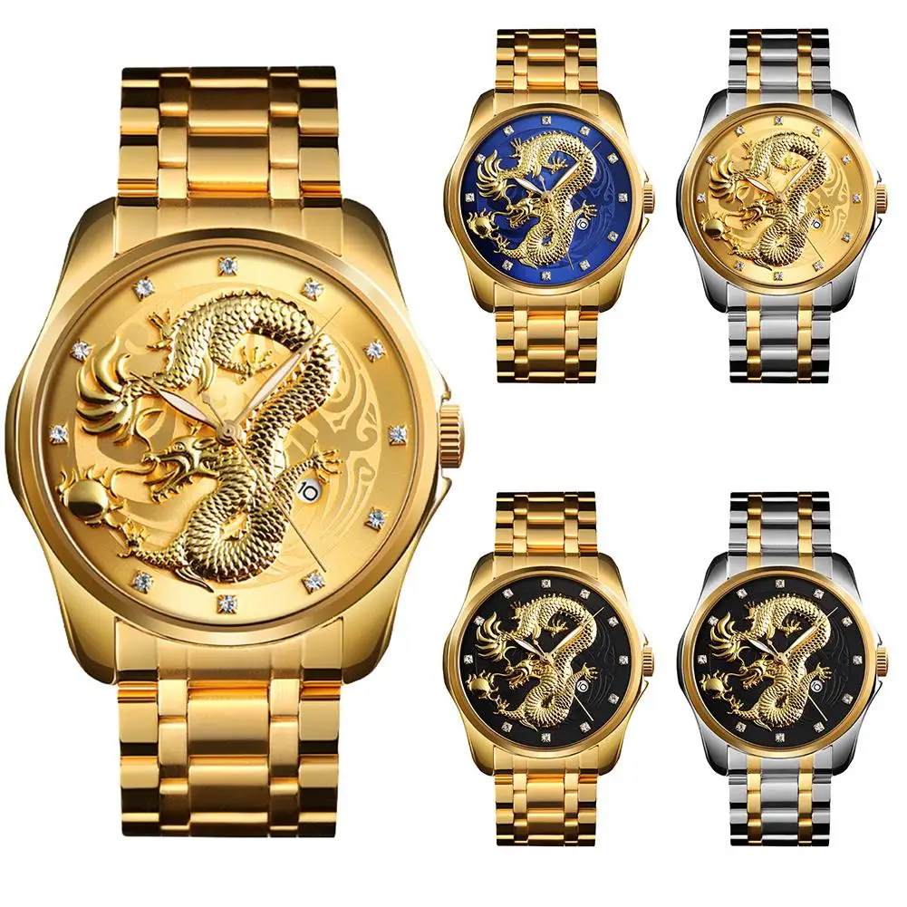 

New Men 3D Embossed Dragon Calendar Luminous Stainless Steel Band Quartz Watch