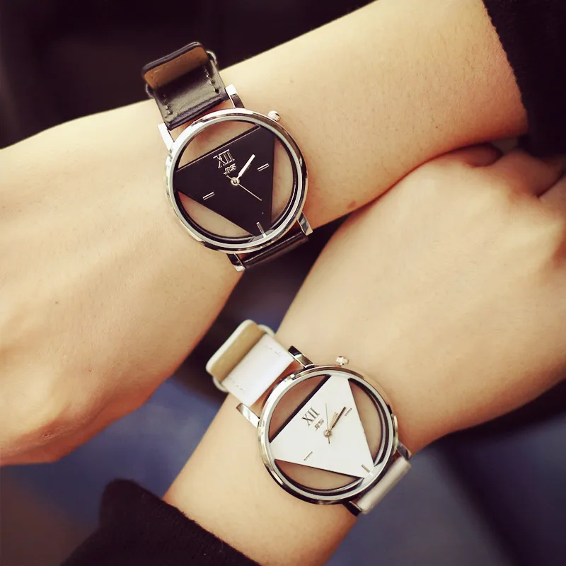 Hollow triangle women creative watches novelty and individualism fashion brand quartz leather watch black white clock gift