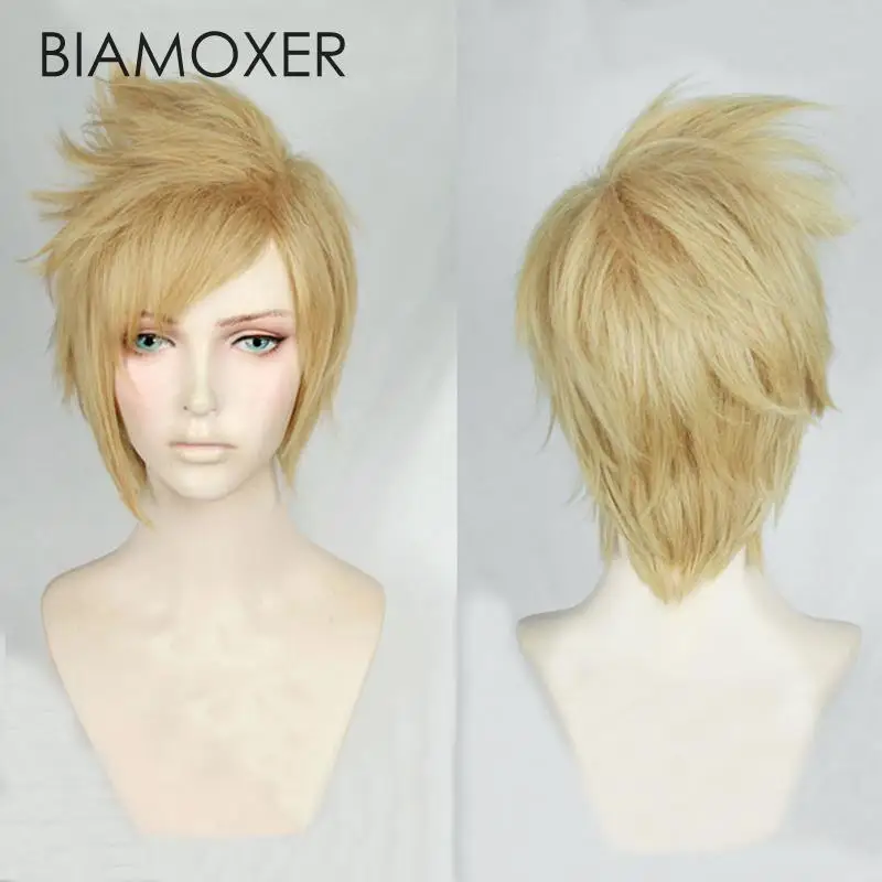 Biamoxer FF15 Final Fantasy XV Prompto Argentum Short Linen Blonde Cosplay Costume Wig Heat Resistance Fibre Hair + Free Wig Cap