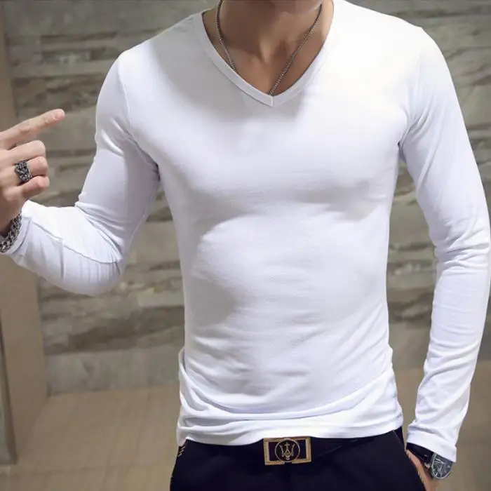 Men Autumn T-shirts Long Sleeves V Neck Pullover Slim Fit Casual Minimalist Male Tops XIN-Shipping