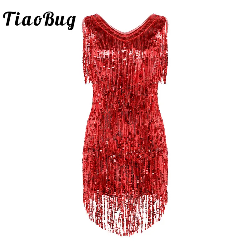 

TiaoBug Women Ladies V Neck Sleeveless Sparkling Sequin Tassels Fringe Ballroom Samba Tango Stage Latin Dance Dress Rave Costume