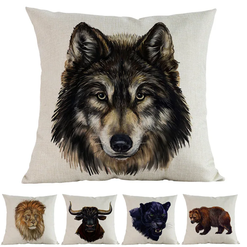 

Blank Background Animals Wild Beast Wolf Bear Lion Leopard Buffalo Pig Pattern Pillow Case Home Sofa Decoration Cushion Cover