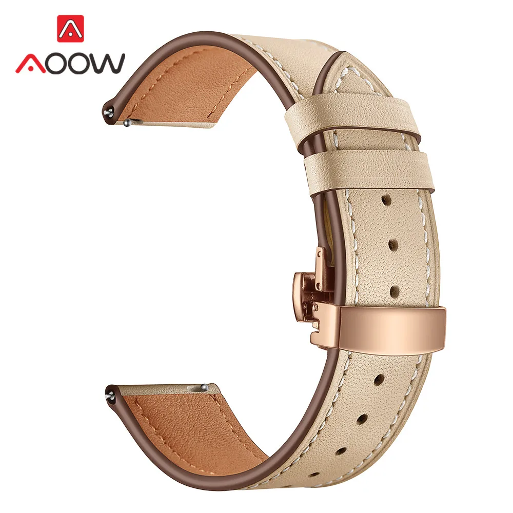 Apricot rose gold 20 мм 22 мм ремешок из натуральной кожи для samsung Galaxy Watch Active 42 мм 46 мм Бабочка Пряжка браслет ремешок аксессуары - Цвет ремешка: Apricot rose gold