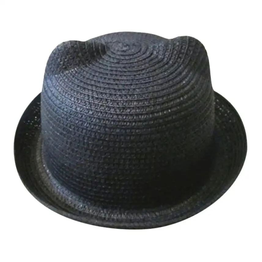 Black MUQGEW, модные соломенные шляпы с ушками, детские шляпы для девочек, Панама, шапка для мальчиков, Детская летняя кепка, детская однотонная пляжная Панама, кепка s - Цвет: Black
