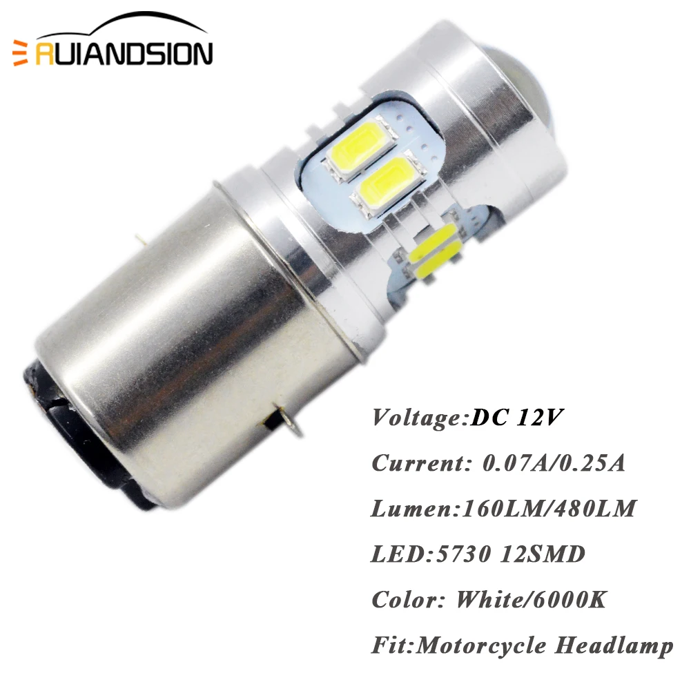 H6 BA20D светодиодный 12 SMD 5730 мотоцикл мото велосипед Скутер ATV Высокий/Низкий биксенон 160lm/480lm фара Лампа 6000K Белый DC 6V 12V