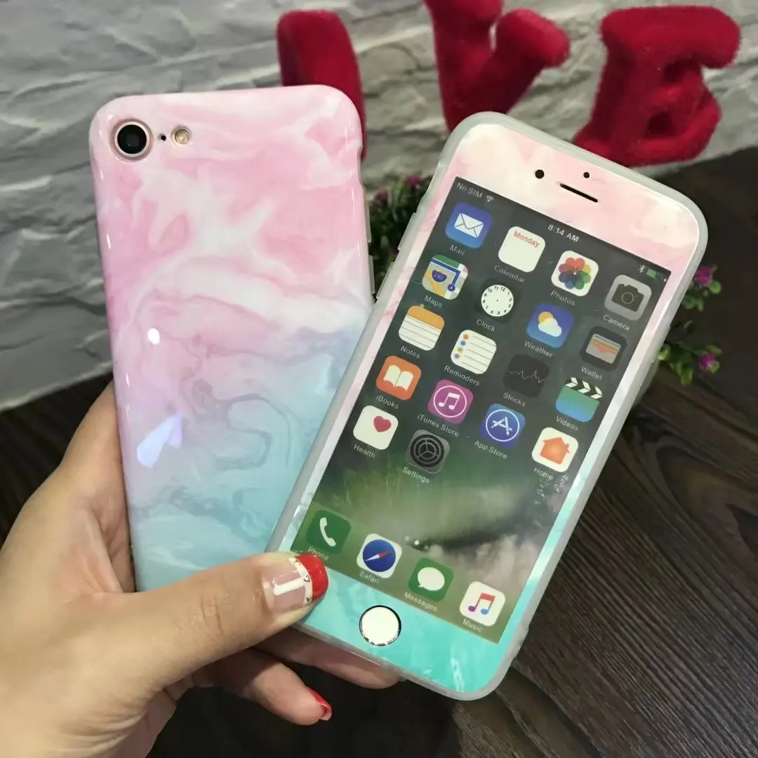 Для iPhone 7 7Plus Чехлы под мрамор+ Защитная пленка для экрана из закаленного стекла, керамическая TPU крышка гладкая для iPhone 6 6splus 8 8plus чехол - Цвет: blue