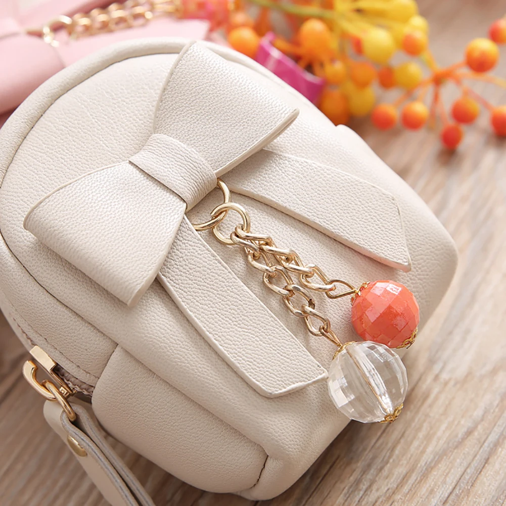 

Women Faux Leather Mini Bowknot Keychain Dangle Bead Pendant Bag Coin Purse