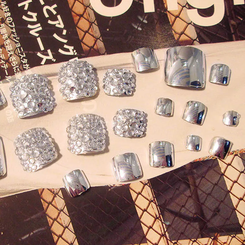 24 Pcs/Set Fashion Foot False Nail Tips Toe Art Tool Glitter Rhinestone Women Ladies Fake Toes Nails With Glue Drop Ship | Красота и