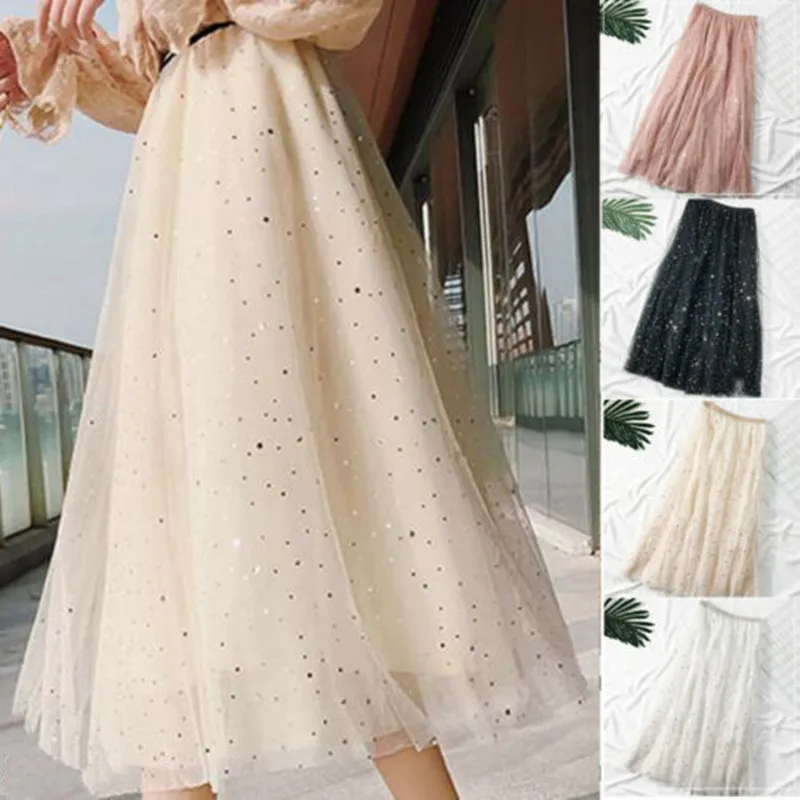 Юбка-миди Женская плиссированная из тюля с высокой талией и блестками | одежда