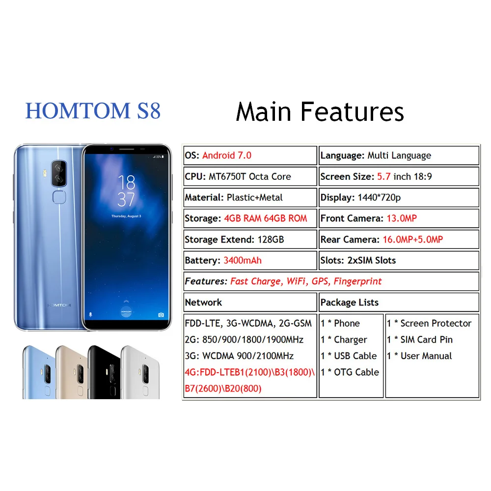 Смарфтон HOMTOM S8 смартфон 4G 5," HD+ 18:9 соотношение MTK6750T восьмиядерный 4GB оперативная память 64GB встроенная память 16.0MP+ 5.0MP двойной сзади 13.0MP передняя мобильный телефон