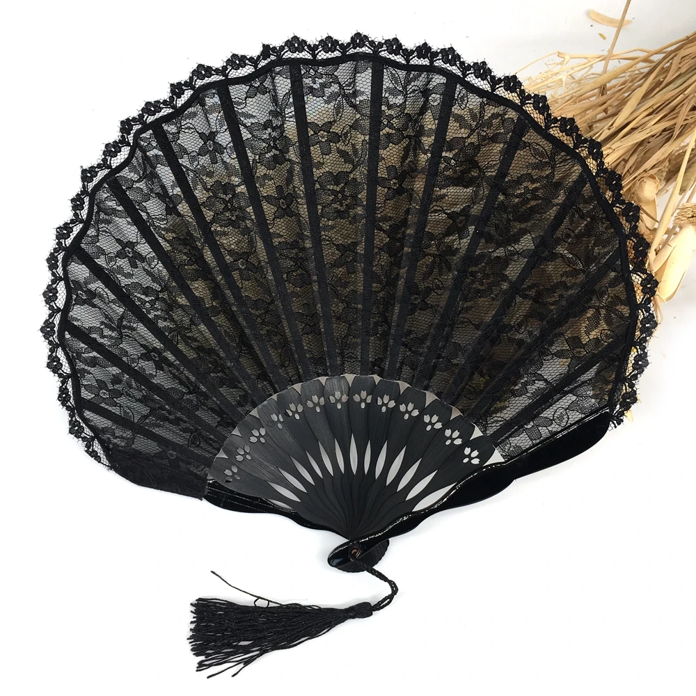 Бесплатная доставка 1 шт. кружевные вееры Battenburg черные круглые ракушки складной