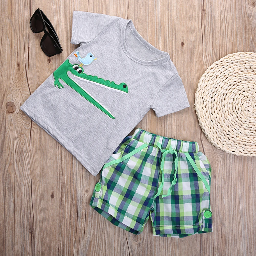 

Summer Toddler Kids Boys Summer Short Sleeves Gray Tops T-shirt Plaid Shorts Casual Outfits Summer Set