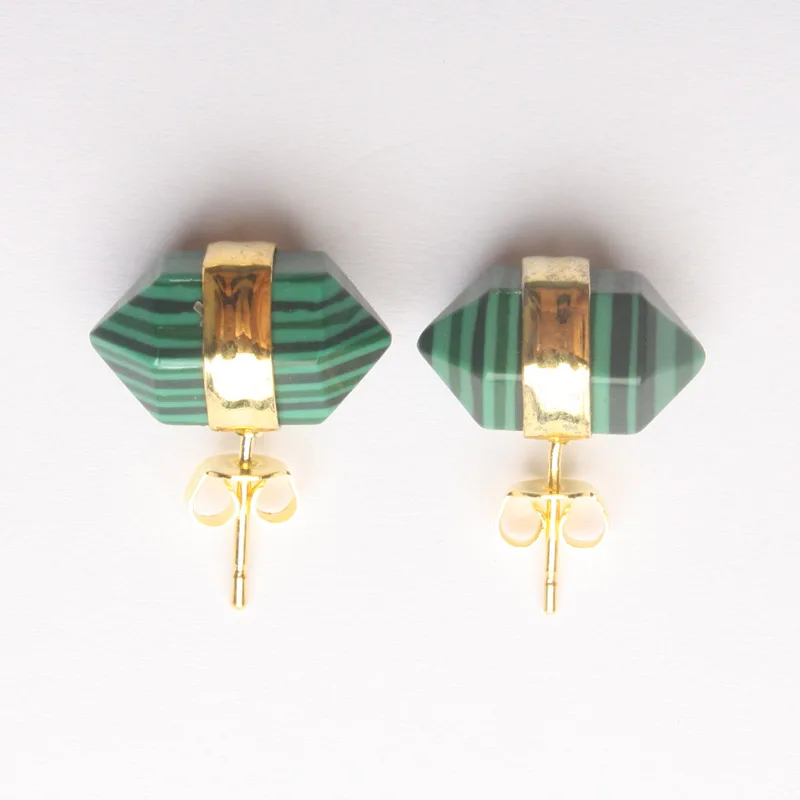 malachite Шарм 18X10 мм аметисты прозрачный кварц Лазурит розовый кварцевый кристалл опал бирюза граненые Биконусы серьги-гвоздики 1 пара - Окраска металла: malachite