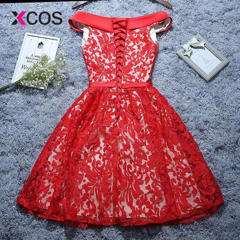 XCOS vestido de noiva simples с открытыми плечами красные платья подружек невесты кружевное