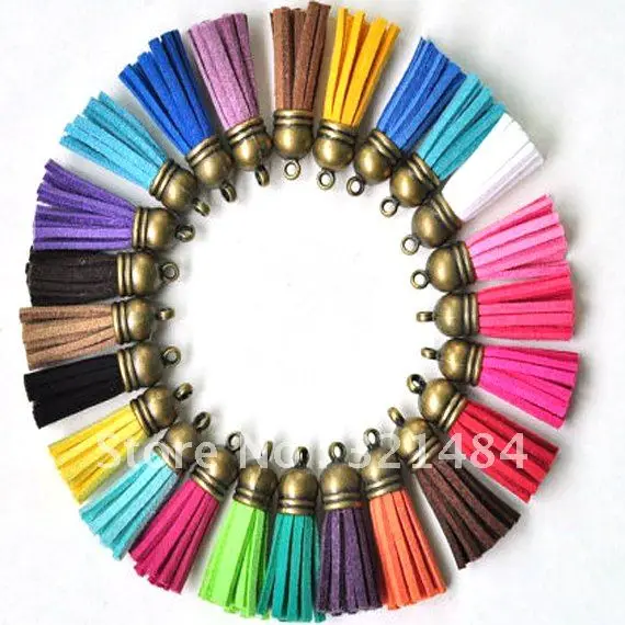 

Hotsale!!! Fashion 35mm 100piece Suede Leather Tassel Fiber Fringe Tassel with Antique Bronze Cord Caps Stopper Charms