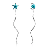 temperament asymmetric small fresh silver plated jewelry blue long moon and star wave ear line dangle earrings xze111
