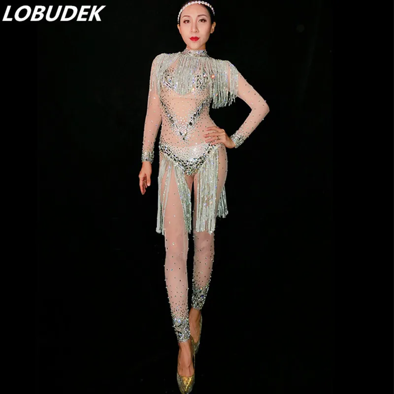 Роскошный Блестящий Комбинезон со стразами и бахромой для женщин ночного клуба