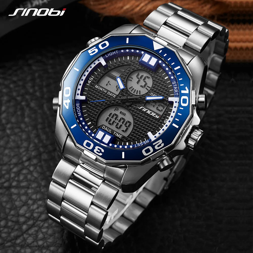

SINOBI Top Brand Dual Display Sport Men's Watch Men Watch Full Steel Fashion Wrist watches LED Digital Watch Clock reloj hombre