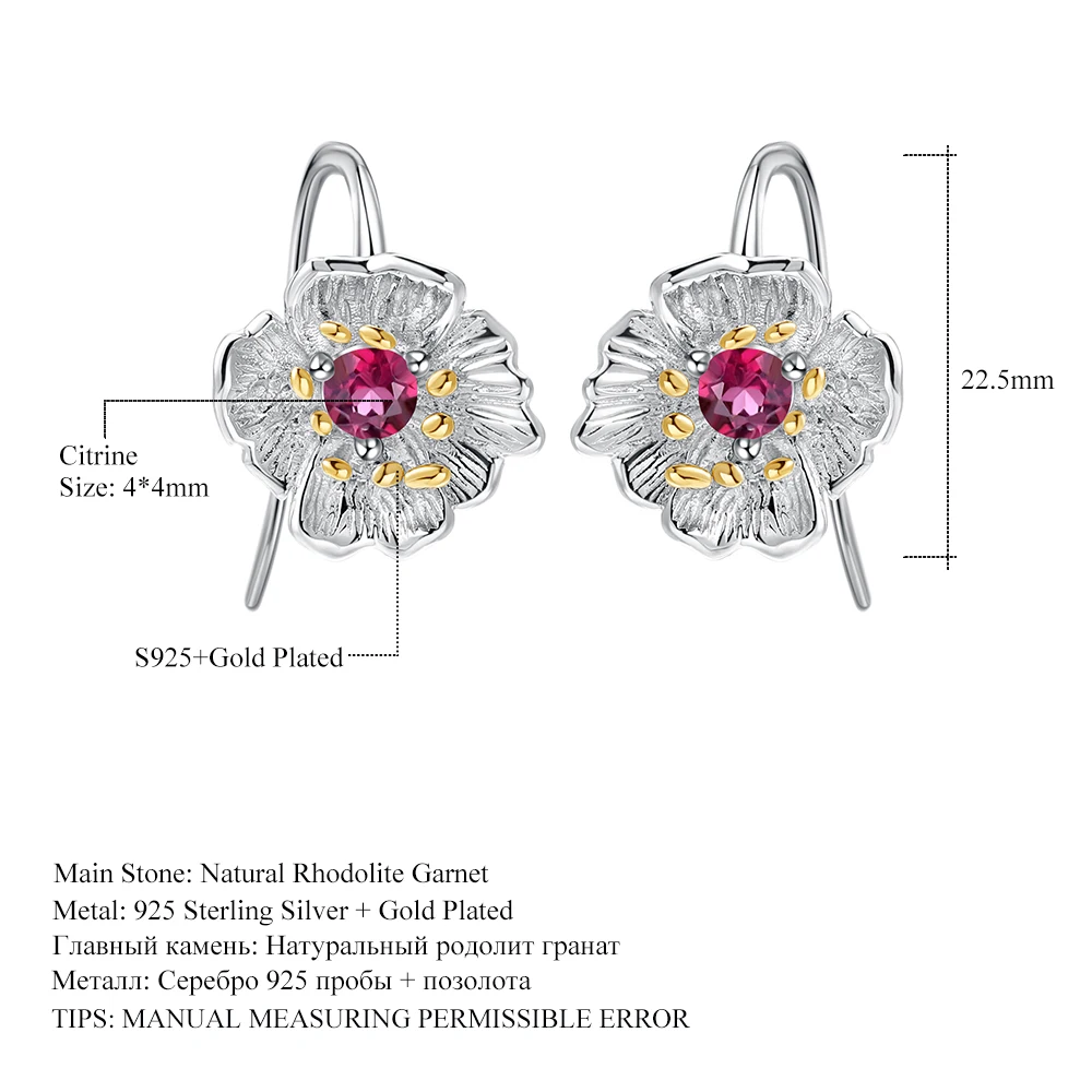 

GEM'S BALLET Natural Rhodolite Garnet Blooming Poppies Flower Earrings 925 Sterling Silver Handmade Dangle Earrings for Women