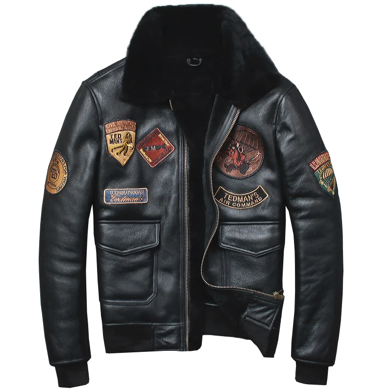 Мужская летная куртка с мехом черная короткая лацканами многослойная верхняя