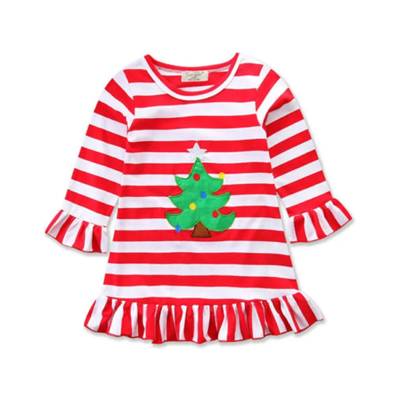 Christmas Toddler Kids Baby Girls Striped Dress Long Sleeve Dresses Clothes 1-6T pudcoco xmas Princess | Детская одежда и обувь