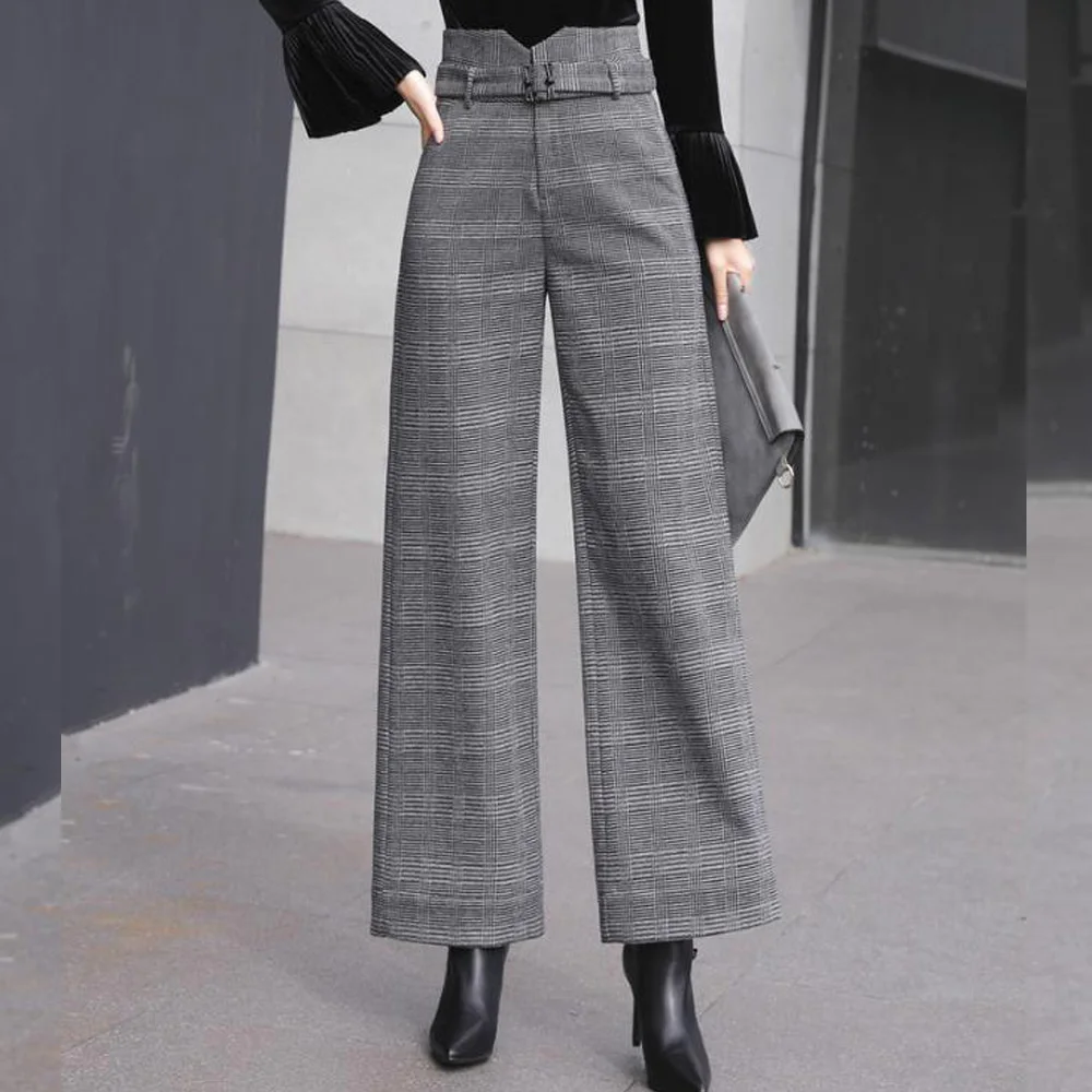 Осенне зимние женские брюки с высокой талией 2021 офисные винтажные шерстяные