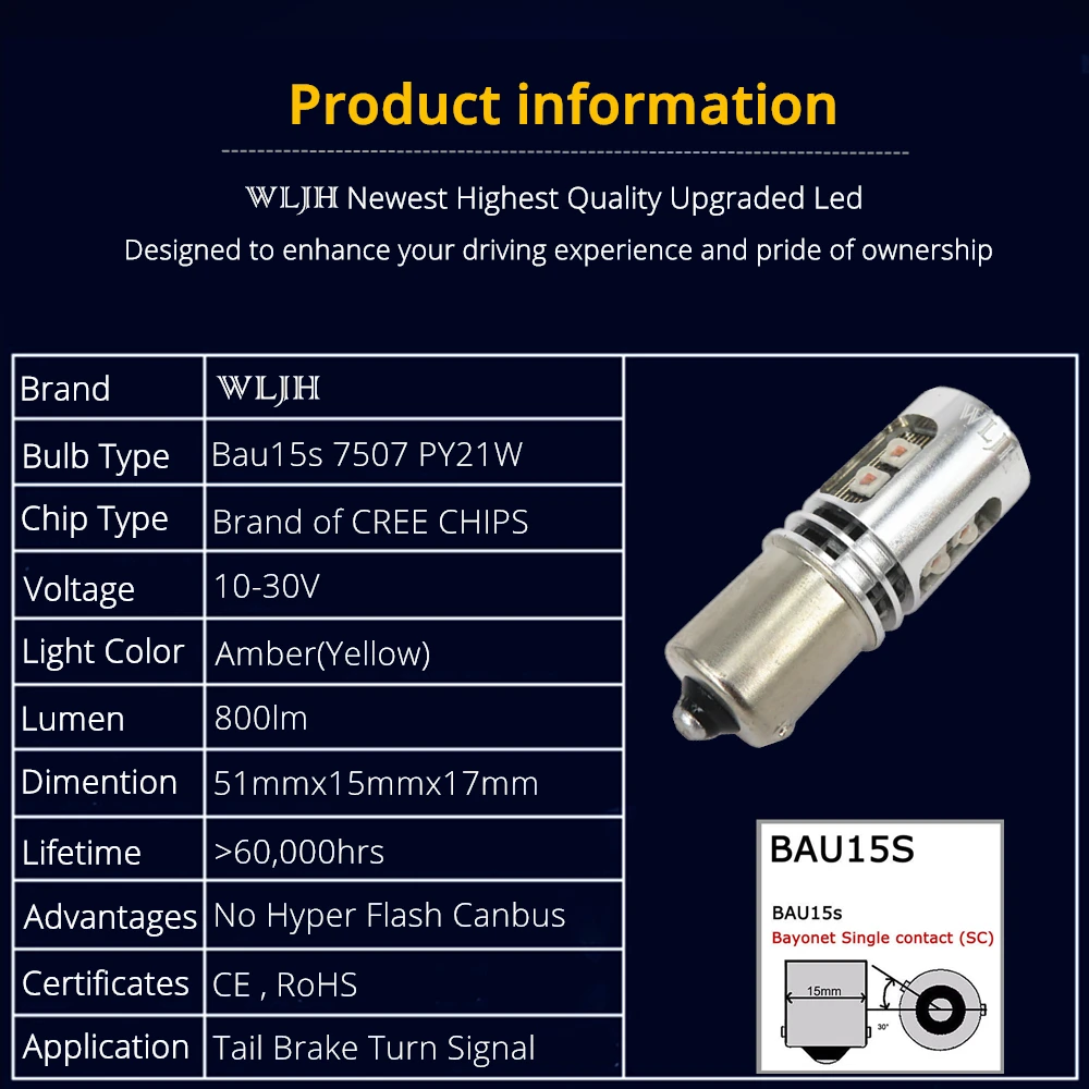 WLJH 2x Canbus светодиодный BAU15S 7507 PY21W 1156PY светильник лампы для BMW E36 E39 E46 E53 E60 E61 E82 E90 E91 E92
