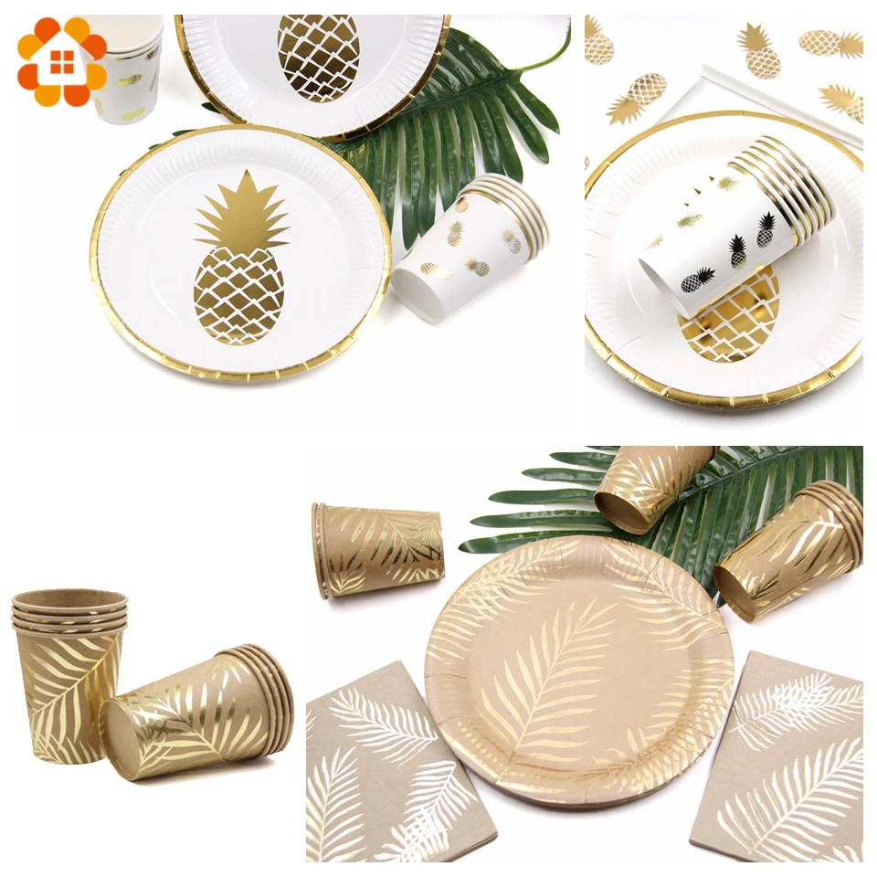 Летняя серия одноразовые столовые приборы Pinapple &amp Leaves позолоченные бумажные