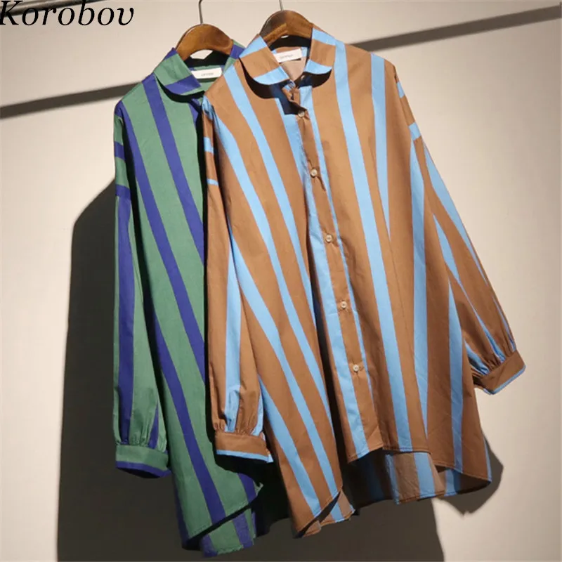 Korobov Shirts 2019 New Korean Vintage Striped Female Blouse Loose Casual Mujer Blusas Tops Long Patchwok 76753 |
