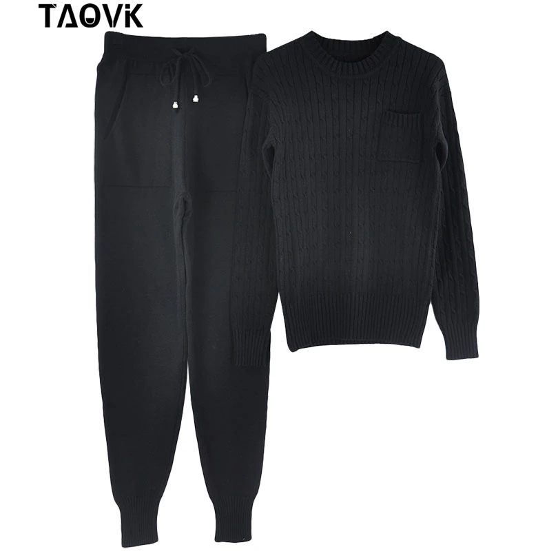 TAOVK, женский свитер, костюм и комплекты, Повседневный, весна-осень, 2 шт., спортивный костюм, женские трикотажные брюки+ джемпер, топы, костюм, комплект одежды