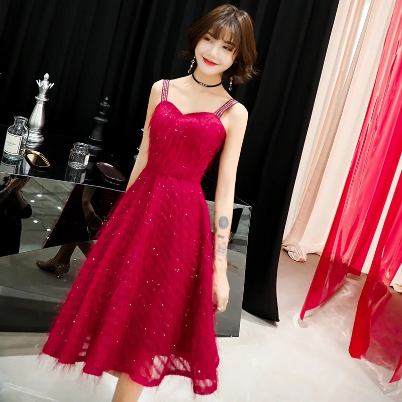 Summer Wedding Party Dress Midi Long Gown Fiesta Vestido Soiree Femme Spaghetti Strap Red Bridesmaid Dresses 2019 New TS1390 | Свадьбы и