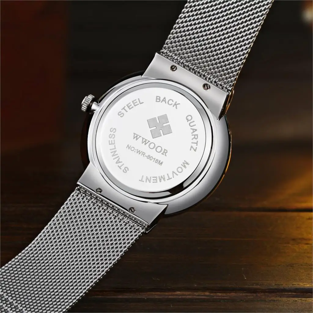 Мужские кварцевые часы WWOOR из нержавеющей стали с автоматической датой