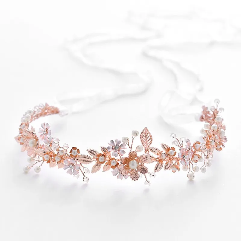 headband Jonnafe Очаровательная свадебная тиара с цветком из розового золота, головной убор с листьями для женщин, свадебная корона для волос, аксессуары - Окраска металла: headband