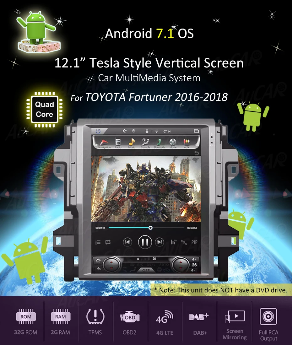 Android 7,1 Tesla style 12," gps навигационная система для Toyota Fortuner- радио с Bluetooth и gps wifi 4G вертикальный стерео