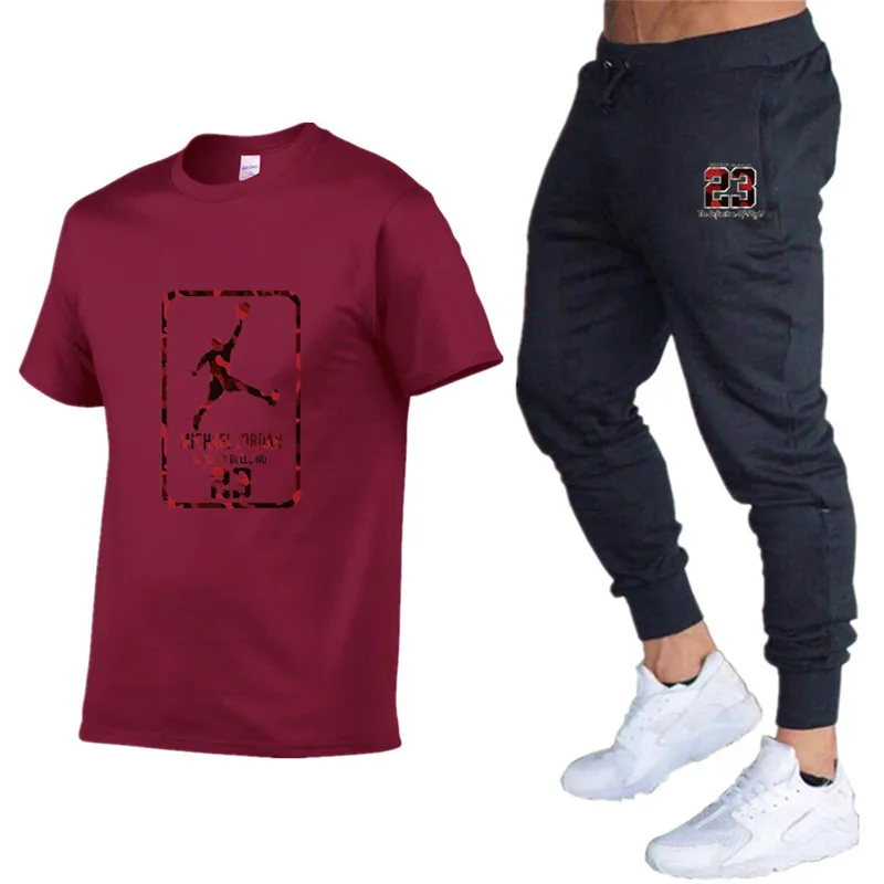 Качественные Брендовые мужские комплекты Jordan 23 футболки+ брюки Мужская брендовая одежда костюм из двух предметов спортивный костюм футболки спортивные залы тренировка набор для фитнеса