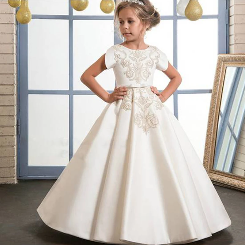 Royal Flower Girl Dress for Weddings Satin Lace Ball Gown Party Communion Pageant Kids Clothing | Детская одежда и обувь