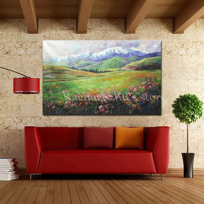 

Hand Painted Abstract Moutain Flower Field Landscape Oil Paintings On Canvas Scenery Wall Art Picture For Living Room Home Decor