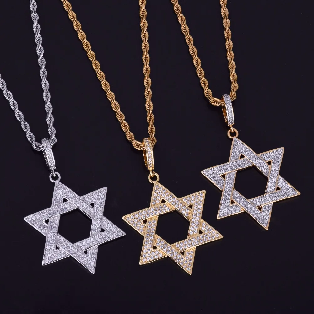 Iced Star of Danid ожерелье и подвеска СТАЛЬНАЯ ВЕРЕВКА цепь Золотой Цвет Bling кубический циркон мужские хип-хоп ювелирные изделия для подарка