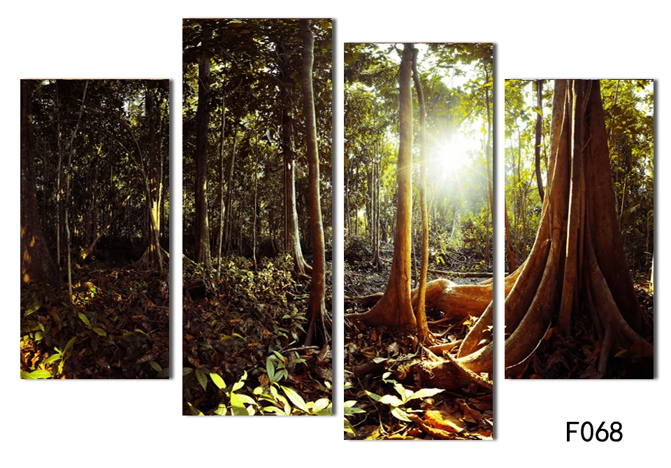 

4 Panel Modern Printed Forest Picture Cuadros Sunrise Canvas Painting Wall Art Home Decor For Living Room No Frame wholesale