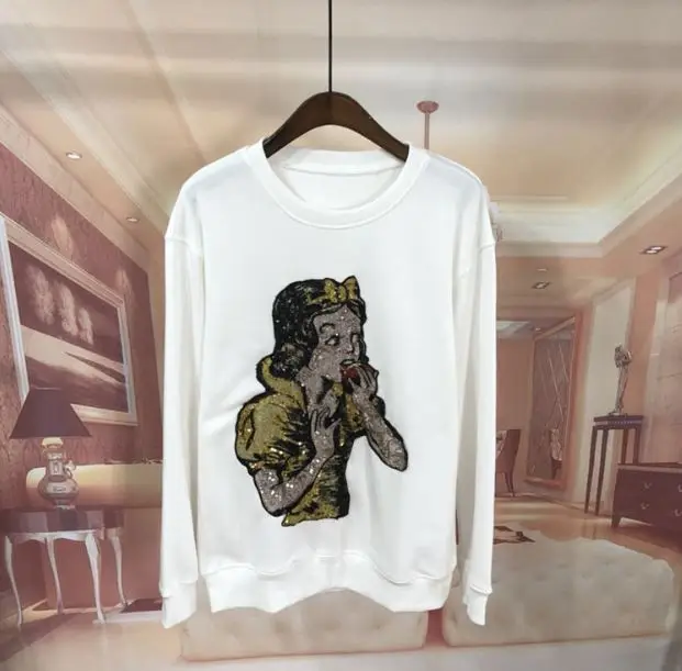 SS19 Весенняя женская белая винтажная мультяшная толстовка с пайетками и круглым