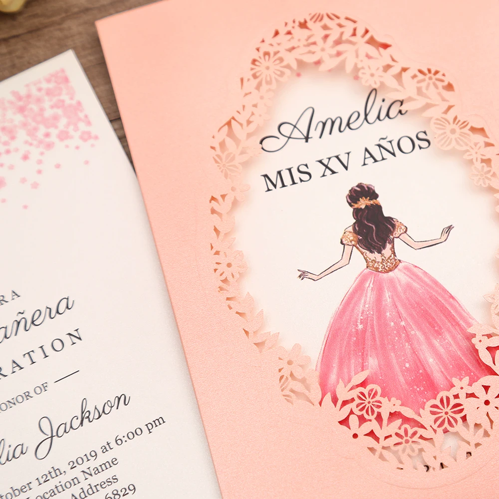 50 шт. розовое золото бордовый темно синий вертикальная лазерная резка Quinceamera