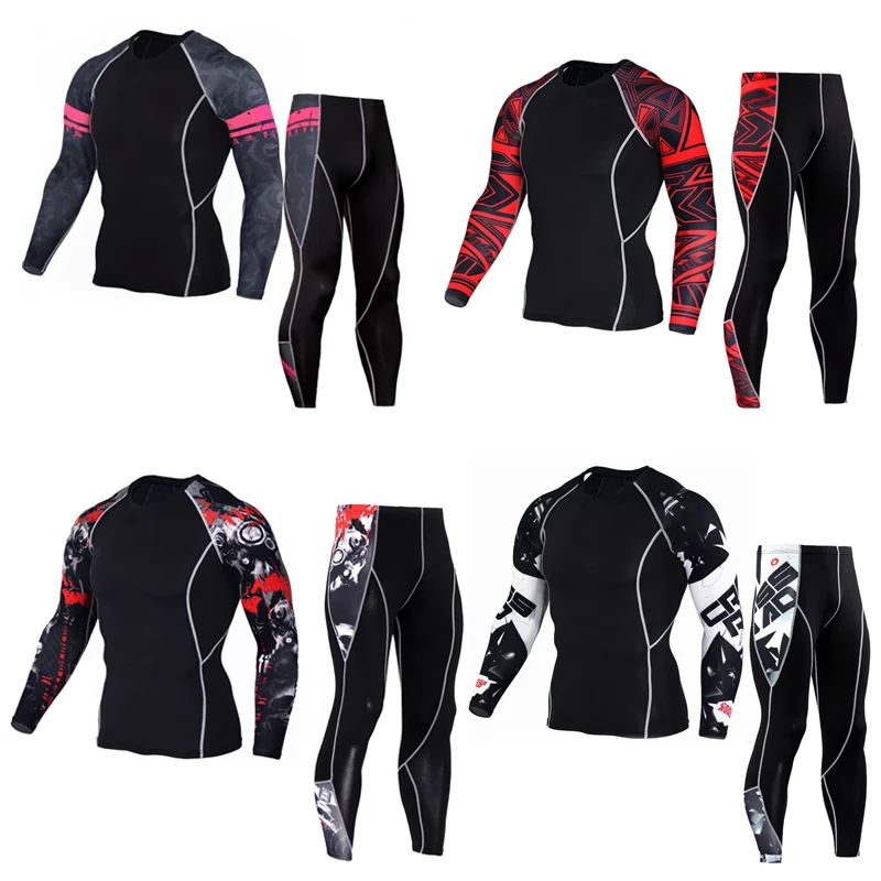 

2018 men's training long-sleeved T-shirt running sports base layer set men MMA rash guard crossfit clothing S-XXXXL