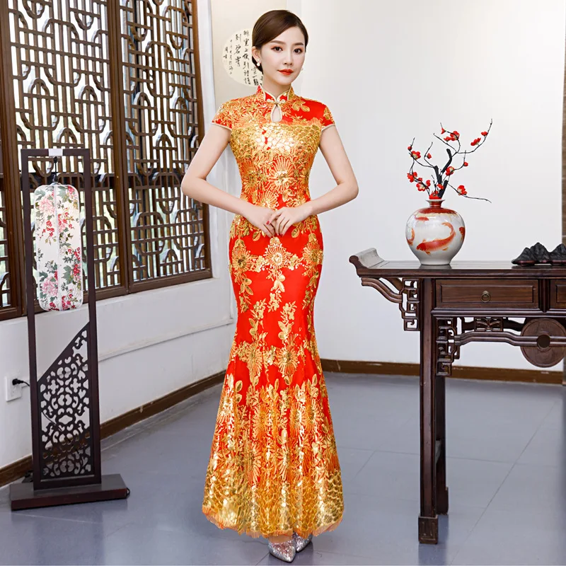 Красный вышивка Cheongsam Сексуальные платья Qipao длинный китайский традиционный свадебный платье восточные Свадебные платья с коротким рукавом QLX